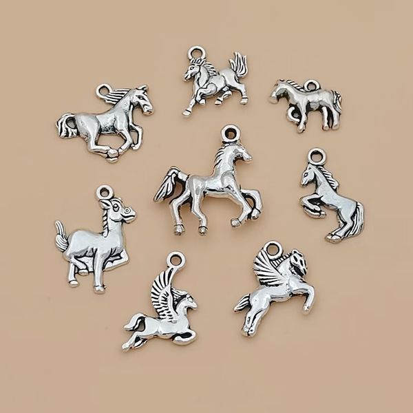 80 pièces aléatoire mixte cheval breloques pendentifs alliage Bracelet à bricoler soi-même collier fabrication de bijoux artisanat accessoires (argent Antique) X02