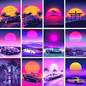 80s outrun vaporwave style toile peinture affiche néon city car house house sunset peinture mur art décoration kawaii room décor toile poster non camen