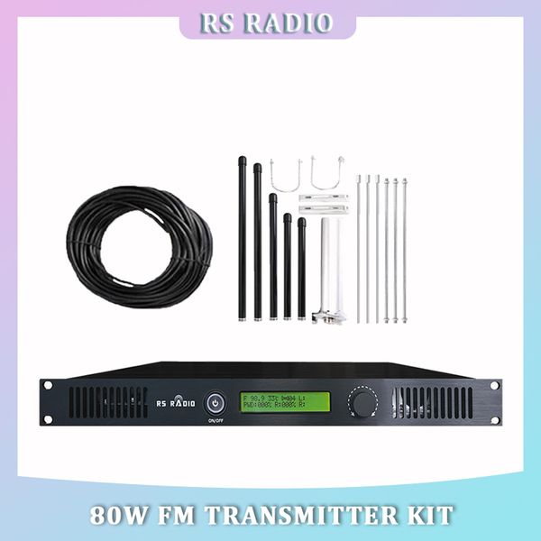 Transmisor de transmisión FM de 80 vatios con antena dipolo y cable coaxial, kit de transmisor FM de 80 vatios