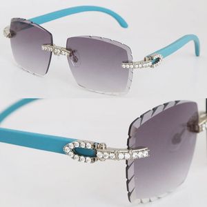 8200757 Gafas de sol sin fin de diamantes Azul de madera sin montura Vintage Mujer Gafas de madera Lentes de corte de diamante famosas Piedras grandes de lujo para hombres y mujeres Anteojos infinitos