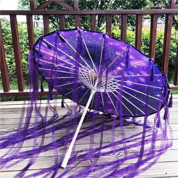 82 cm Hanfu Huilé Papier Parapluie Pluie Femmes Pographie Prop preuve Ruban Antique Glands Ventilateur Paraguay Parasol 210721