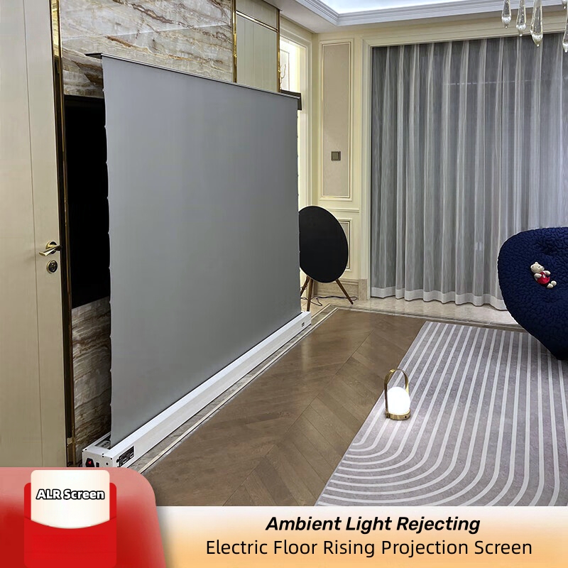 Tela de projetor elétrica de elevação de piso rolável ALR/CLR de 84 polegadas, luz ambiente de longo alcance, rejeitando 3D/4K para projetor normal de home theater