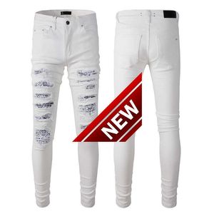 843 haute rue marque de mode blanc slim fit trou patch Leggings décontracté petit tube droit