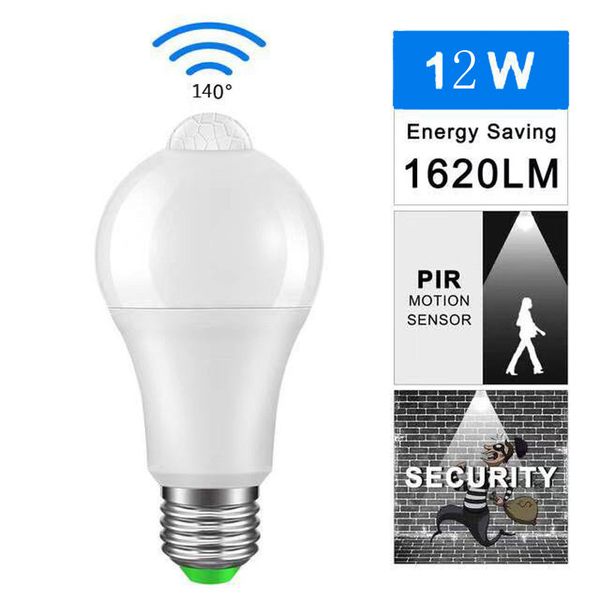 Lumière LED 85-265V 9W 12W 15W, ampoule avec capteur de mouvement PIR E27 E26, lampe à rayonnement infrarouge pour la maison