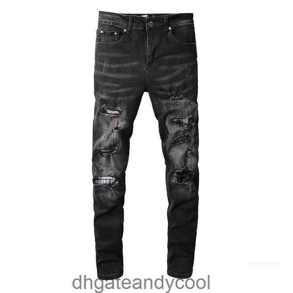 859 Pantalones Street Jeans Diseñador Hombre Hombre Otoño Denim Alto Amirres Marca de moda Amr Ligeramente elástico Cuchillo negro Corte Agujero Patrón Parche Ajuste S 8I69