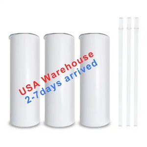 USA Warehouse Fast Ship 25pc / box 20oz Blanks White Sublimation Mugs Botella de agua Drinkware Vasos de acero inoxidable con pajita de plástico y tapa