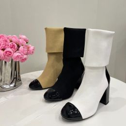 Bottines en tricot extensible en cuir de 85 mm, bottes chaussettes à talons hauts pour femmes, chaussures à talons épais, créateurs de luxe, chaussures de soirée, chaussures d'usine