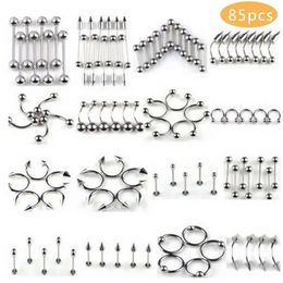 85pcSet Men Femmes Femme Sécourement Nez à lèvres Nombres Nombres Anneaux de ventre en acier Bijoux de piercing corporel 240409