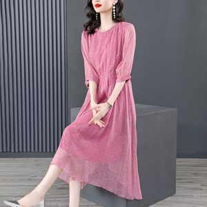 8699 # YM Nuevo verano Mujer Vestidos casuales Cuello redondo Media manga Impresión Señoras Vestido de moda suelto Rosa M-XXXL