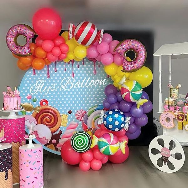 Kit de arco de guirnalda de globos de caramelo, 87 piezas, globo de lámina de Mylar de piruleta, globos rosa y amarillo, naranja, morado, rosa rojo, fiesta de cumpleaños, Baby Shower, decoración de pared de fondo