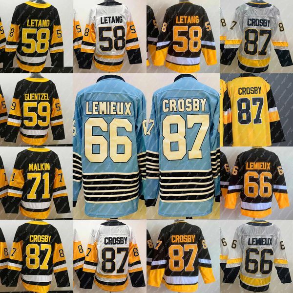 87 Sidney Crosby Jersey 58 Kris Letang 59 Jake Guentzel 66 Lemieux 71 Evgeni Malkin Hockey Maillots Blanc Noir Jaune Bleu Clair Stade 89