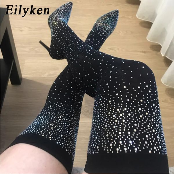 877 RHINATONE Eilyken Crystal Design Stretch Tissu sexy talons hauts chaussettes sur le genou pointues Toe Pole danse Femmes Chaussures 230923 718