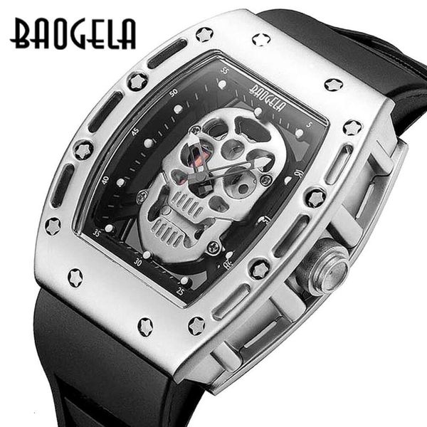 88 Baogela Bold Skull Barrel Silicone Men a impermeable para hombres Reloj de cuarzo