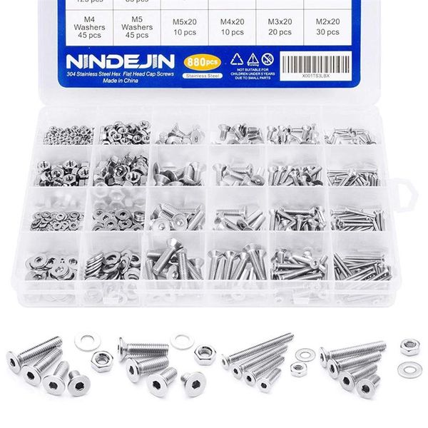 880 Uds M2 M3 M4 M5 NINDEJIN Nail 304 acero inoxidable preciso métrico tapa hexagonal tornillos autorroscantes redondos tornillos de cabeza hueca plana y N314H