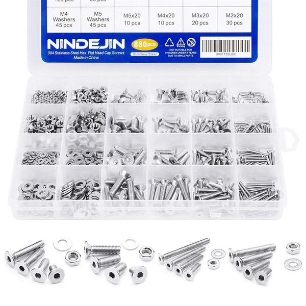 880 Pcs M2 M3 M4 M5 NINDEJIN Nail 304 En Acier Inoxydable Précis Métrique Hex Cap Vis Autotaraudeuses Rondes À Tête Creuse Boulons et N255g