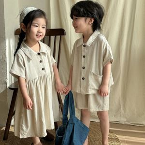 8847 Brother Sister Clothes Summer Cotton Linen Girls Hobe Clans Colures Boys Boys Set Two Piece Set 240512