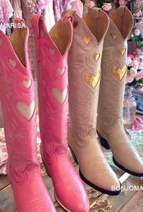 893 Cowgirl en forme de coeur en forme de coeur Cowboy Fashion Sweet Sugar Western Boots Slip on Pink Retro Chaussures pointues 230807 313 934