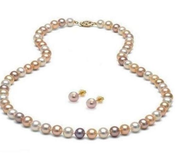 Collier de perles naturelles des mers du Sud, 89mm, blanc, rose, violet, multicolore, 20 pouces, ensemble de boucles d'oreilles, or 14 carats, 22903157292644