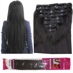 8A 120 g / lote clip en extensiones de cabello humano Brasileño recto 8pcs / set 1B Cabello rizado ondulado negro natural
