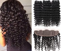 8A Bundles brésiliens de vague profonde avec fermeture 100 cheveux humains Lace Frontal Closure avec Bundles Deal Kinky Curly Water Wave Body Str6709418