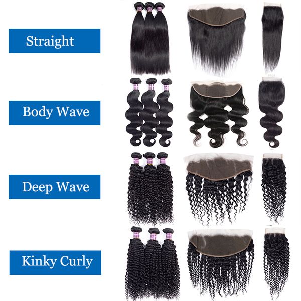 10A Bundles de cheveux humains brésiliens droits avec dentelle frontale 100% non transformés vague de corps fermeture vierge extensions de trame profondes crépues bouclées pré-plumées pour les femmes noires