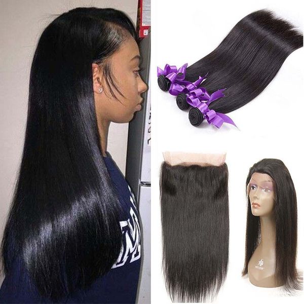 Cheveux vierges brésiliens tissage cheveux raides 360 dentelle frontale avec 3 faisceaux 100% non transformés offres d'extensions de cheveux humains vierges brésiliens