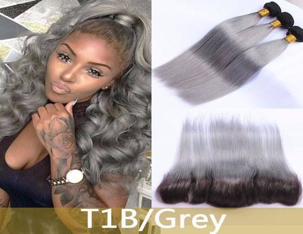 8A Gris Raíz Oscura Pelo Virginal Peruano 3 Paquetes Extensiones de Cabello Ombre Con Frontal Recto Gris Tejido Ombre Cabello Con Cierre 1738899