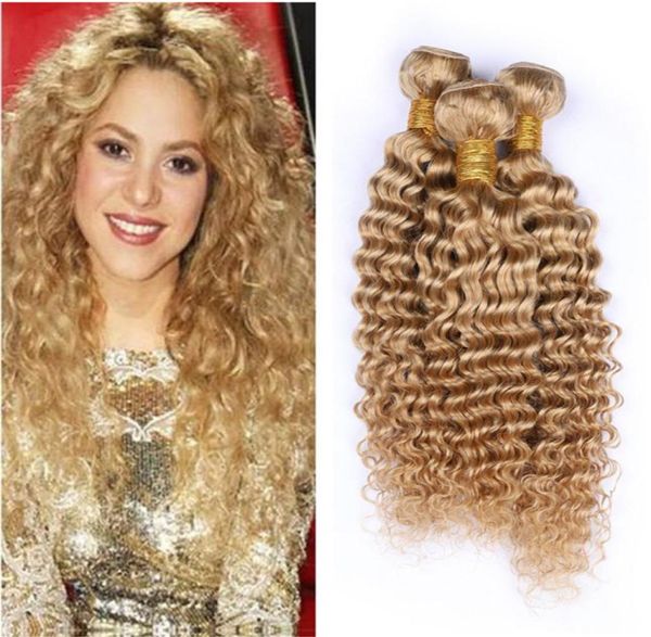 8A Miel Paquetes de trama de cabello humano Rubio fresa Cabello brasileño sin procesar de onda profunda 3 paquetes Color de cabello 27 Virgen brasileña B6974265