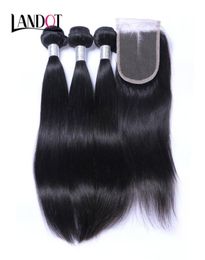 8A Lace Closure avec 3 Bundles Brésiliens Droites Vierges Cheveux Tisse Non Transformés Péruvien Malaisien Indien Cambodgien Cheveux Humains an8844977