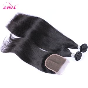 8A Mink Brazilian Straight Virgin Hair 2 Bundles con cierre de encaje Peruano Indio Malasio Camboyano Remy Cabello humano teje Color natural