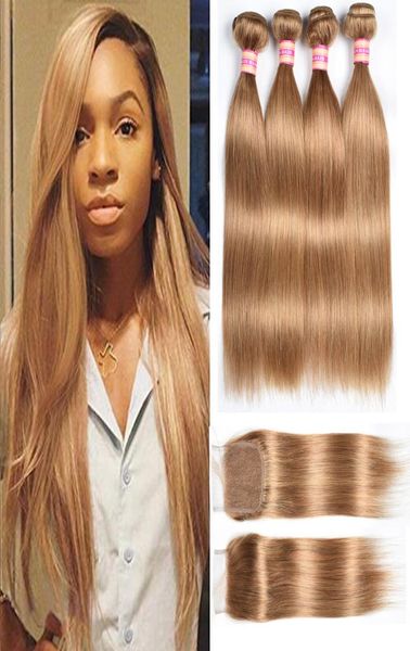 8A Péruvienne Pleine Tête 4Pcs Trame de Cheveux Humains Vierges 3 pcs1pcs Closure44 Couleur Blond Miel 27 Tissages de Cheveux Humains Raides avec C5144542