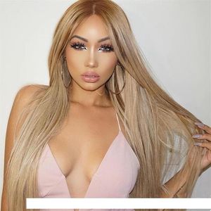 8A Zijdeachtige Rechte #27 Lace Front Pruiken Voor Balck Vrouwen Virgin Braziliaanse Honing Blond Haar Lijmloze Full Lace menselijk Haar Pruiken Baby Ha289U