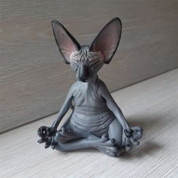 8cm kat mediteert standbeeld Collectible Figurines Miniatuur Decor Sphynx Desktop Ation Animal Model Figure Home SPHINX 211101