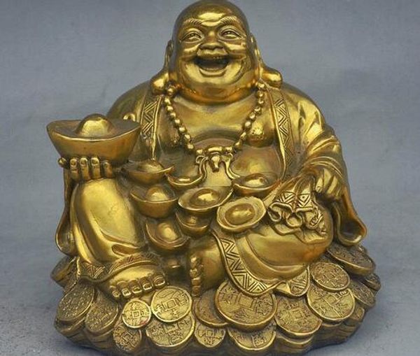 8cm chine Royal laiton richesse Maitreya bouddha tenir sac d'argent YuanBao pièce Statue