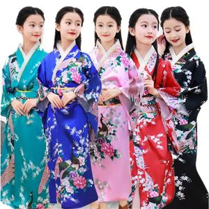 8 couleurs traditionnelles japonaises filles kimono asiatique Obi robe en soie imprimé paon à manches longues mode Haori vêtements enfants robes ethnique225R