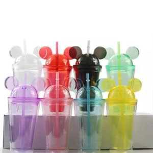 Gobelet en acrylique de 8 couleurs de 15 oz avec couvercle en dôme et paille à double paroi en plastique transparent avec oreille de souris, tasse de boisson mignonne réutilisable FY4301