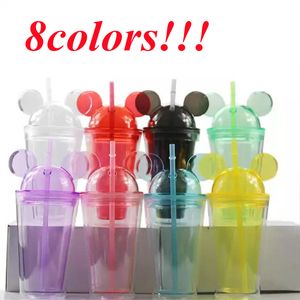 8 couleurs !! Gobelet d'oreille de souris Gobelets en acrylique de 15 oz Gobelet en plastique avec couvercle en forme de dôme Tasse à double paroi avec gobelets colorés en paille d'été
