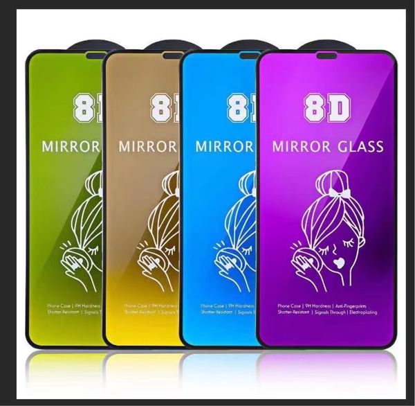 Protectores de pantalla de vidrio templado con espejo 8D para IPhone 15 14 13 Pro Max 12 Mini X XR XS maquillaje para teléfono inteligente 11 8 7 Plus