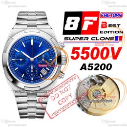 8F Overseas 5500V A5200 Automatische Chronograaf Herenhorloge 42,5 mm Blauwe Wijzerplaat Roestvrij Stalen Armband Super Edition Horloges Puretimewatch Reloj Hombre