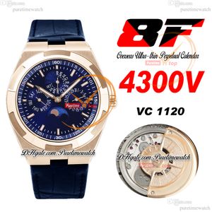 8F Overseas Perpetual Calendar Moonphase 4300V A1120 Automatic Mens Watch Rose Gold Blue Stick Dial lederen band Super Version Edition Puretime I9