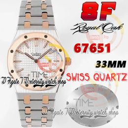 8FF 8f67651 Mouvement à quartz suisse 33 mm Montre pour femme Lunette en or rose Cadran texturé argenté Marqueurs de bâton Deux tons Bracelet en acier inoxydable 316L Super Fashion Montres