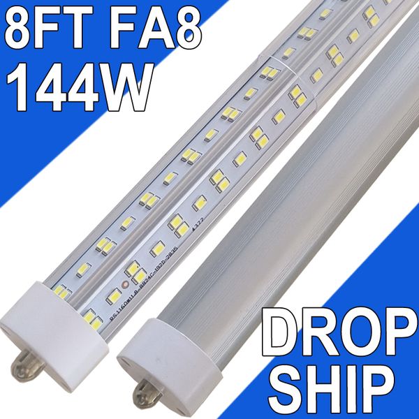 Ampoules LED de 8 pieds, 144W 14400LM super lumineuses, lumière du jour 6500K, contournement de ballast à tube lumineux FA8 à broche unique, ampoules fluorescentes T8 T10 T12 de remplacement usastock