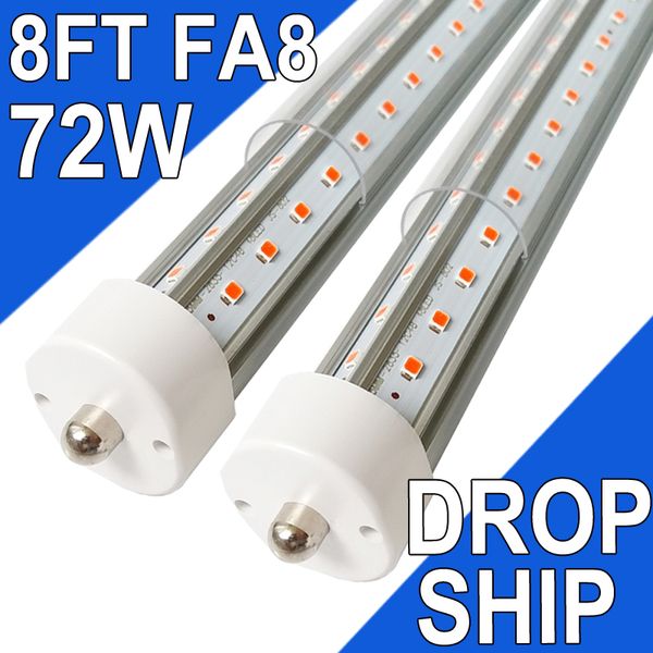 Tube LED de 2,4 m, 4 rangées, 72 W, lampe fluorescente de remplacement 250 W, ampoule d'atelier, base FA8 à une broche, alimentation double extrémité, blanc froid, couvercle transparent, AC 85-277 V, usastock