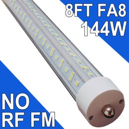 Lumières à tube à LED de 8 pieds, 144W 18000lm 6500K, ampoules LED à broches à broche T8 FA8 (remplacements de bulbes fluorescents à LED 300W), en V double facette, usastock de puissance couverture transparente