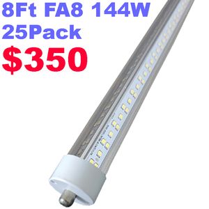 8ft LED-buislichten, 144W 18000lm 6500K, T8 FA8 LED-lampen met één pin (300 W LED-fluorescentielampen vervangen), v-vormige dubbele kant, helder deksel met dubbele dual-power crestech