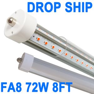 Tube lumineux LED de 2,4 m, 72 W, 7 200 lm, 6 500 K, ampoules LED T8 FA8 à broche unique (remplacement des ampoules fluorescentes LED 300 W), double face en forme de V, extrémité transparente