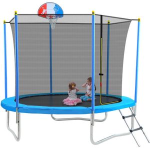 8ft Trampoline voor kinderen met veiligheidsbehuizing Net Basketball Hoop en Ladder Easy Assembly Round Outdoor Recreational Trampoline US A58