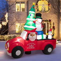 8FT Brede Kerst Opblaasbare Kerstman die een auto bestuurt met LED's Luchtblazer
