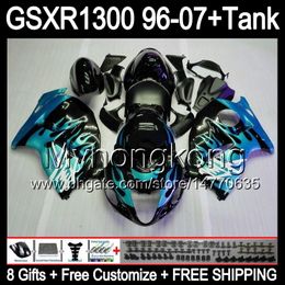 8gift Cyan flammes Pour SUZUKI Hayabusa GSXR1300 96 97 98 99 00 01 13MY205 GSXR 1300 GSX-R1300 GSX R1300 02 03 04 05 06 07 Cyan flammes Carénage