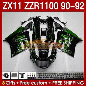 Carénages OEM pour KAWASAKI NINJA ZZR1100 ZX 11 R 11R 1990-1992 Corps 164No.54 ZX-11 R ZZR 1100 CC ZX-11R ZZR-1100 ZX11R 90 91 92 ZX11 R 1990 1991 1992 Kit de carénage flammes vertes